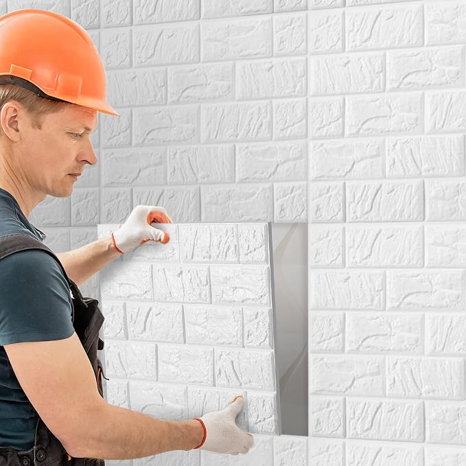Tinlade 30 Pcs 3D Wall Panels Peel and Stick Wallpaper Foam, White | Faux Brick Stone Tiles, Covering 28.8-48.4 Sq ft, Self Adhesive Waterproof Panels for Bedroom Living Room Kitchen Walls - Image 6