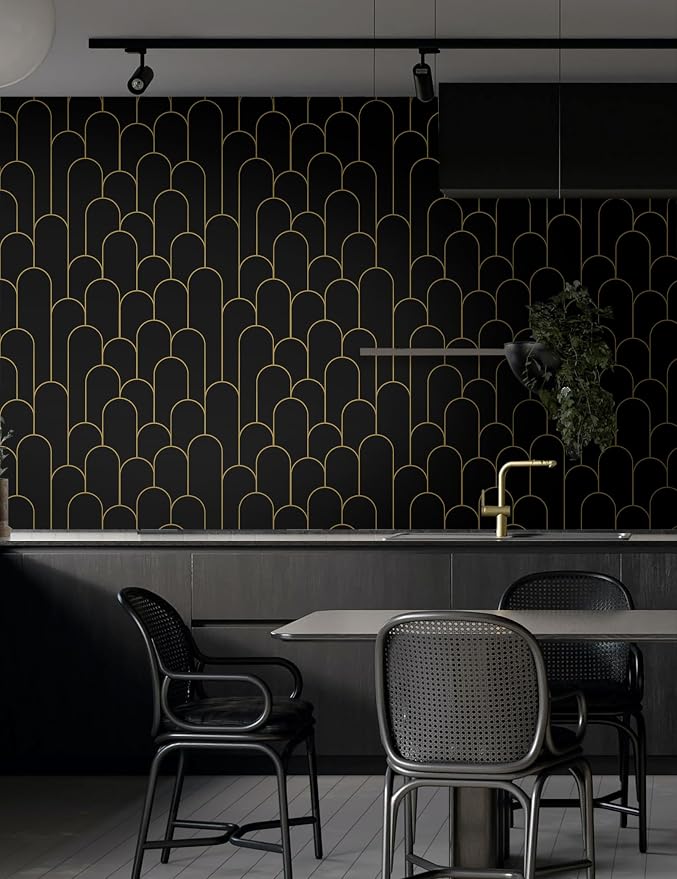 Yasinet Peel and Stick Wallpaper Black and Gold Wallpaper Modern Geometric Contact Paper for Bedroom Black Removable Self Adhesive Waterproof Wall Paper for Bathroom cabinets Vinyl 17.3”x393.7” - Image 9