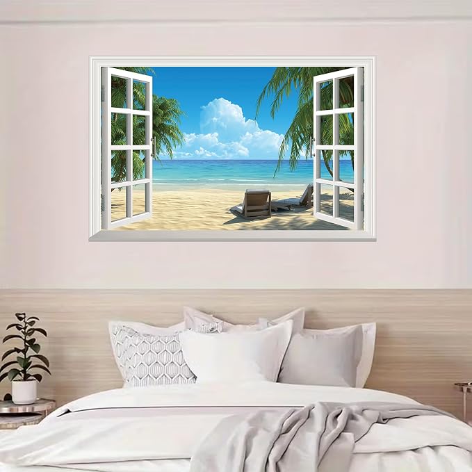 Fake Window Wall Mural Summer Blue Sky White Beach (64"x48") | Peel and Stick Faux Window Wall Sticker Decal Poster for Bedroom Home Decor - Image 5