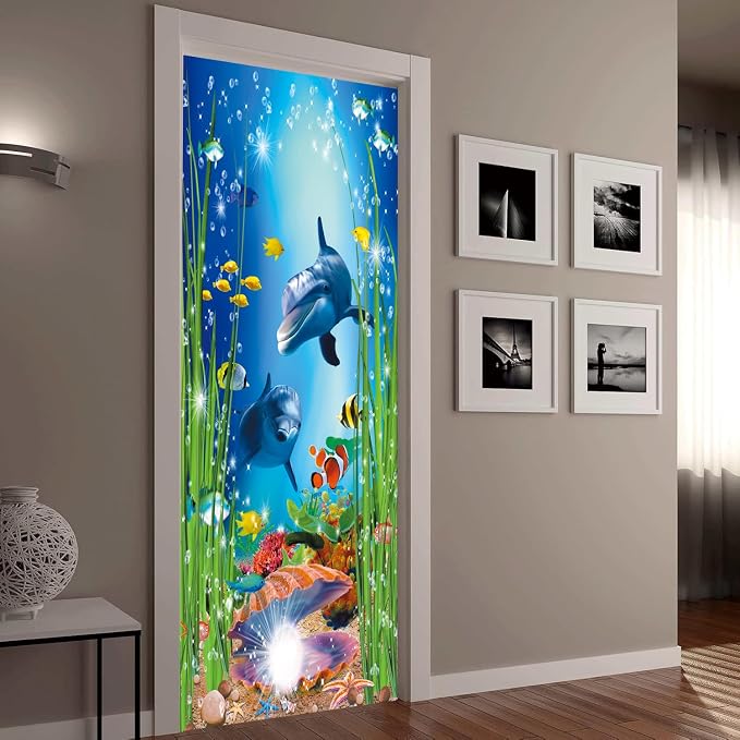artfanke 3D Peel and Stick Door Sticker 33.5"x84.6"- Self-Adhesive Door Wallpaper Murals Decal-Dolphin Shell Undersea World Wall Poster for Home Decor (2 Sheets/Set) - Image 4