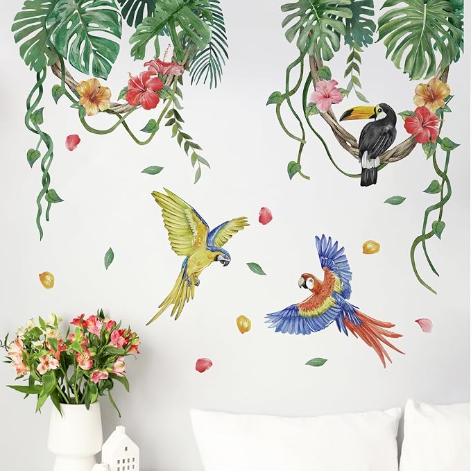 Yovkky Tropical Plant Birds Wall Decals Stickers, Monstera Palm Leaves | Parrot Toucan Home Bedroom Decor, Hanging Vines Hibiscus Flower Living Room Kitchen Decorations Art by Yovkky