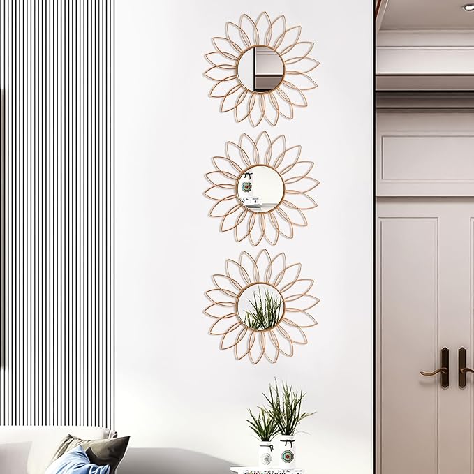 3 Pack Metal Mirrors for Wall Sunburst Wall Mirrors Home Décor Decorative Hanging Wall Art for Living Room Bedroom Entryway (Rose Gold2, Flowers) - Image 5
