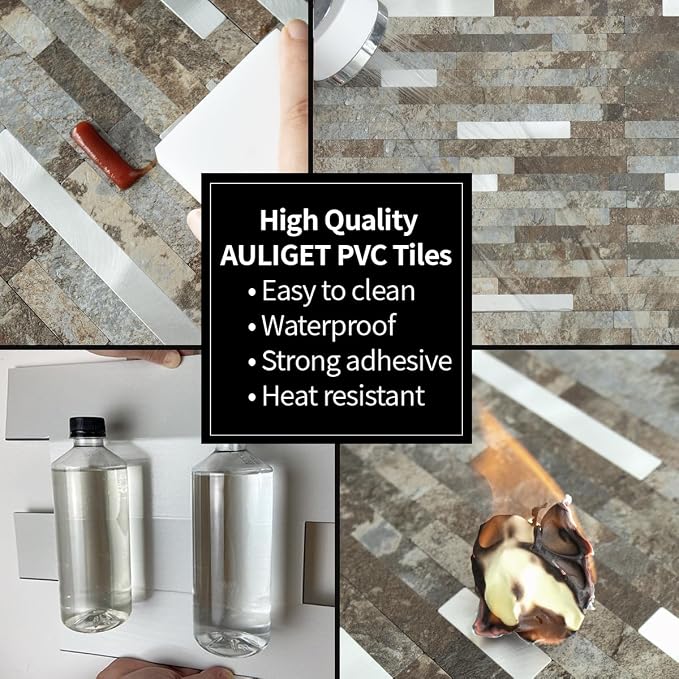 AULIGET 2 Sheets Beige & Brown Slate Peel and Stick Backsplash, PVC Mixed Metal Silver Wall Tile Stick on Backsplash for Kitchen and Bathroom - Image 5
