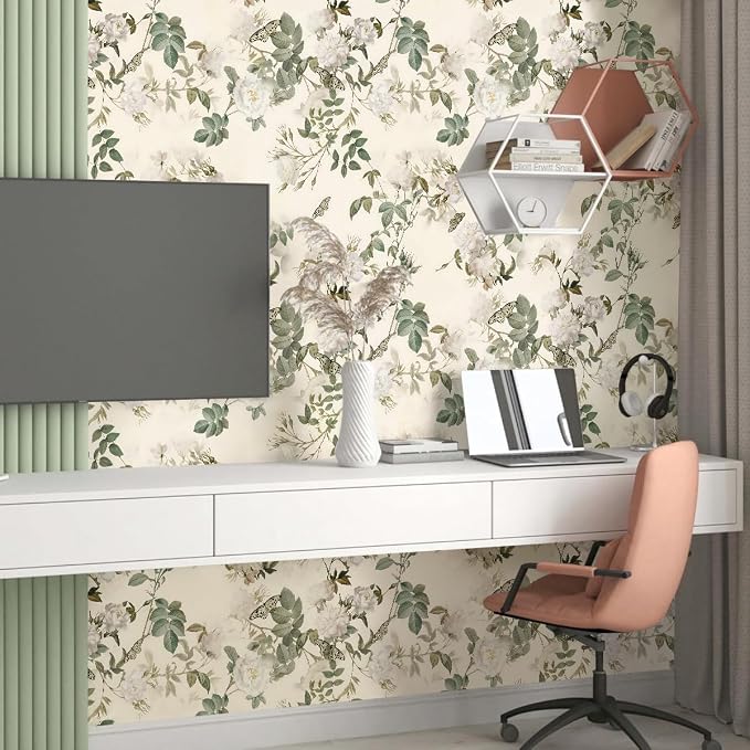 Wudnaye Green Floral Peel and Stick Wallpaper Vintage Flower 16.9"×393" | Botanical Peel and Stick Wallpaper Green Beige Rose Self Adhesive Removable Contact Paper Waterproof for Kitchen Bathroom - Image 3