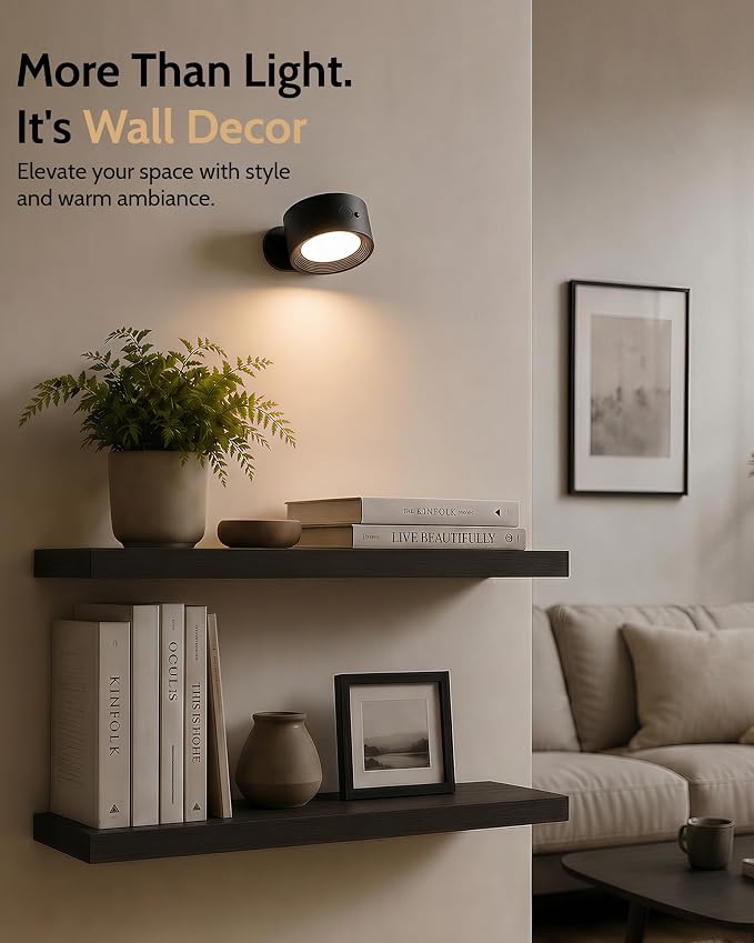 LED Wall Mounted Lights, Rechargeable Wall Sconces, 3 Color Temps, Remote & Touch, 360° Rotating and Dimmable for Bedroom, Bedside & Reading (Black, 3 Pack) - Image 2