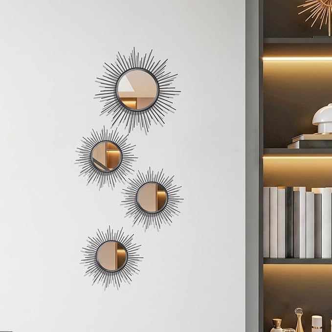 4 Pieces Gold Sunburst Wall Mirror Set Modern Metal Circles for Home Decor - Image 3