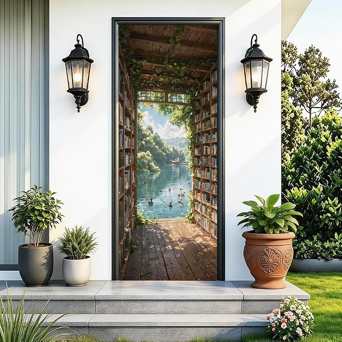 Secret Library Door Mural, Garden Lake Passage Door Cover | Waterproof PVC, 30.3" W x 78.7" L; secret library passage for study, bedroom, hallway, office or closet doors. by Cmialusie