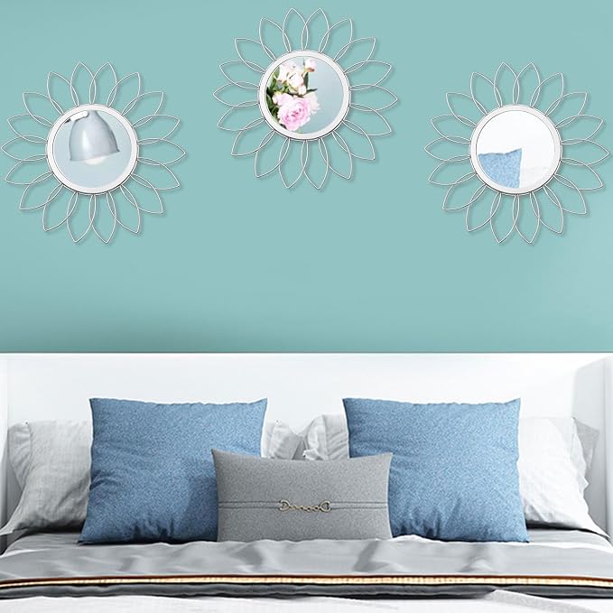 3 Pack Metal Mirrors for Wall Sunburst Wall Mirrors Home Décor Decorative Hanging Wall Art for Living Room Bedroom Entryway (Silver, Flowers) - Image 7
