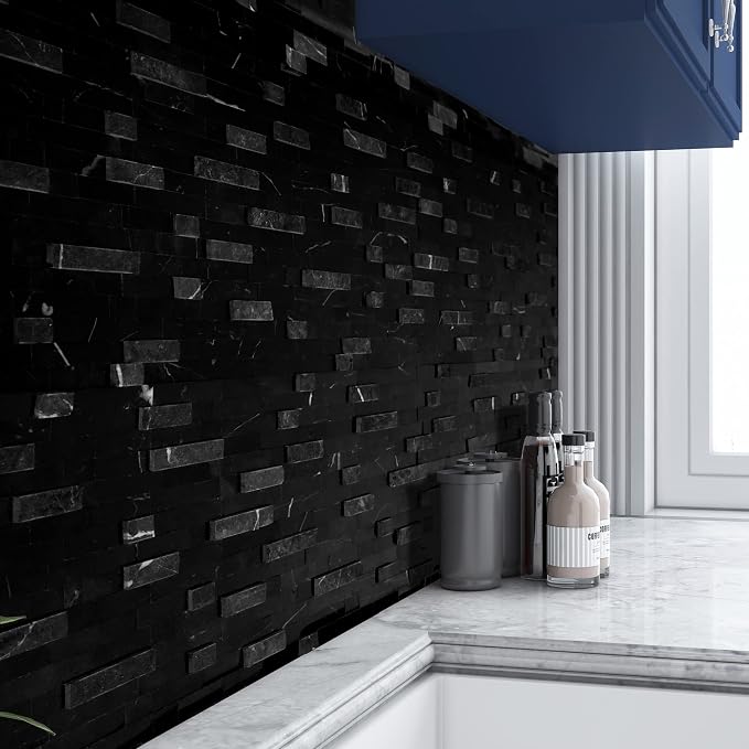 SUNWINGS 5-Sheet Peel and Stick Mosaic Natural 3D Stone Self Adhesive Marble Tiles, 11.5" x 10.7" Stick on Backsplash for Kitchen Bathroom Fireplace Vanity, Mixed Black - Image 6