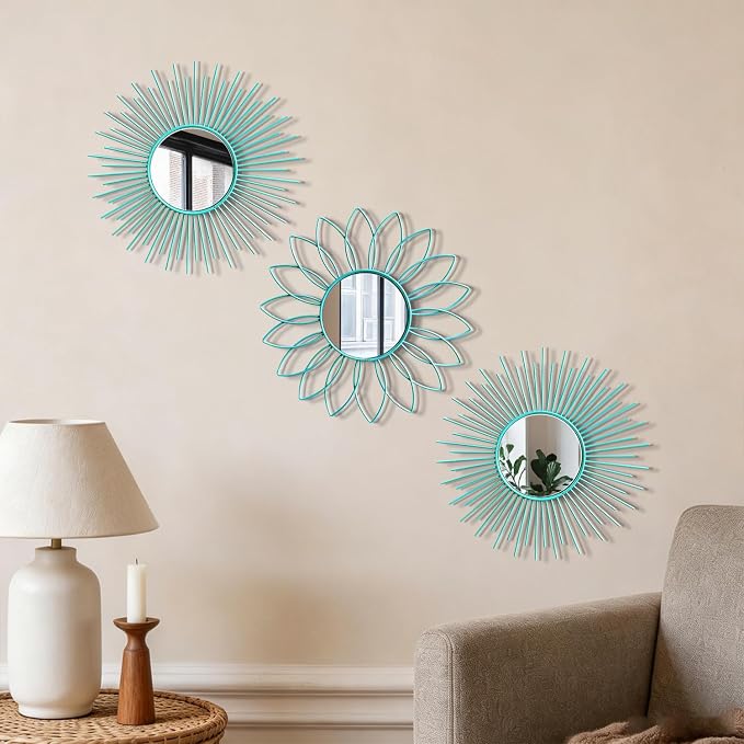 3 Pack Metal Mirrors for Wall Sunburst Wall Mirrors Home Décor Decorative Hanging Wall Art for Living Room Bedroom Entryway (Greenish Blue, Flower+Sunburst) - Image 3
