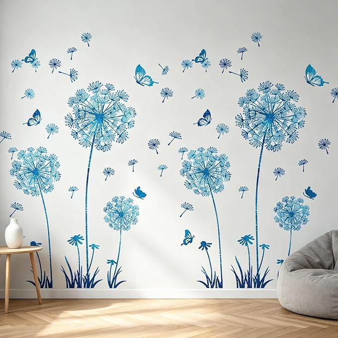 Arawat 2 Set Dandelion Wall Decals - Blue Flower Stickers, Murals, Butterflies Decor for Bedroom, Office, Bathroom, Living Room - Floral Removable Peel and Stick Room Decoration - Image 2