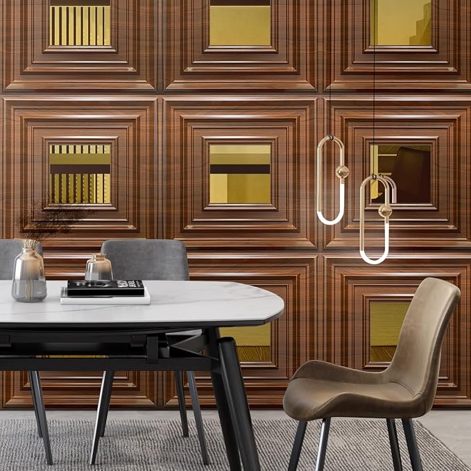 12 Pack PVC Ceiling Tiles 19.7"x19.7" – Gold Mirror & Wood Grain 3D Wall Panels for Wall and Ceiling Decoration,Cover 32.3 Sq.Ft – Waterproof,Lightweigh(Dark Brown, Gold) - Image 3