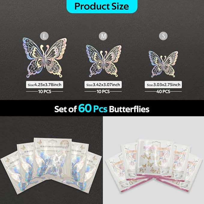 Butterfly Wall Stickers - 60pcs 3D Butterflies Removable Mural Wall Stickers for Home Room Bedroom Decoration Reusable Stickers (Sliver) - Image 4