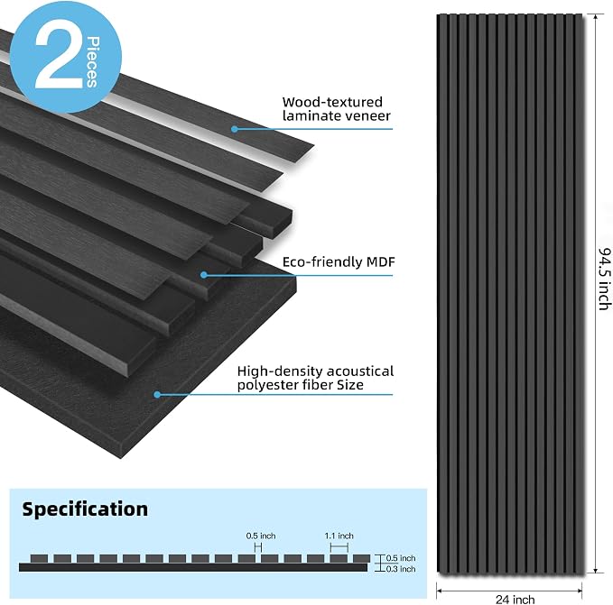 Art3d 2 Pack 94.5 x 24 inch Wood Slat Acoustic Panels for Wall & Ceiling - 31 sq.ft 3D Fluted Sound Absorbing Panel with Wood Finish, Matte Black - Image 2