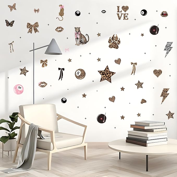 Wxiben 200 Pcs Cheetah Print Wall Decals Leopard Print Walls Stickers Decor | Cheetah Walls Decor for Room, Y2K Bow Star 8 Ball, Peel and Stick Wall Decals for Home Bedroom Living Room Apartment Dorm - Image 4