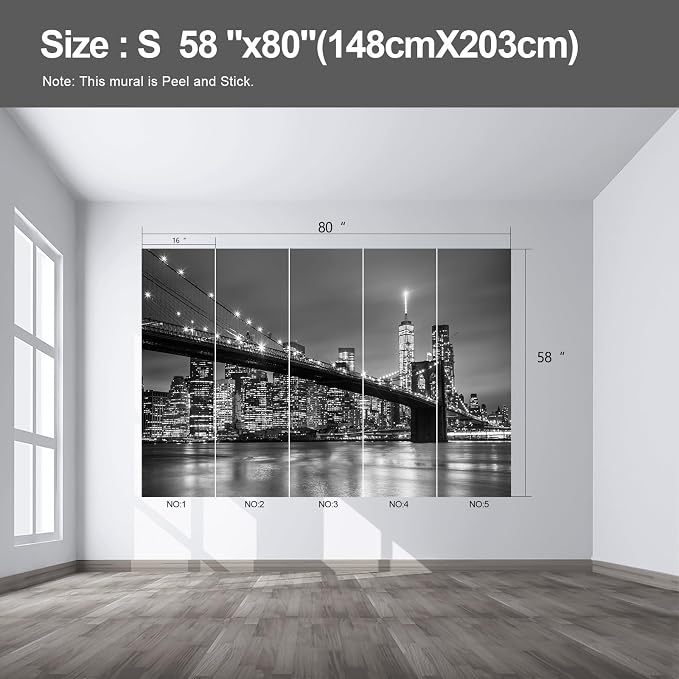 Gray Brooklyn Bridge at Night NYC wall murals new york Peel and Stick self Adhesive Wallpaper for Bedroom Living Room - 58"x80" - Image 2