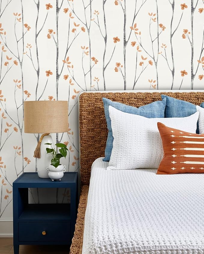Timeet Boho Peel and Stick Wallpaper Floral Wall Paper Tree Contact Paper White and Orange Clearance Removable Self Adhesive Thicken Eco-Friendly Deacoral Bedroom Bathroom 16.14"x78.7" - Image 9