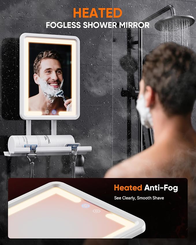 Heated Shower Mirror Fogless for Shaving (Gen 3) - 3 Colors Stepless Dimmable Lights, Anti-Fog Shaving Mirror with Razor Holder, No-Drilling, Removable - White - Image 3
