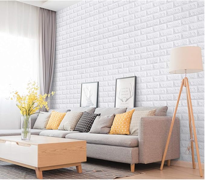 MYOYAY 10 Pcs 3D Wall Panels Peel and Stick 27.5 x 30.3 Inch (in Sum 57 sq.ft.) White Brick Wallpaper Self-Adhesive Foam Wall Panels for Living Room Bedroom Background Wall Decor - Image 4