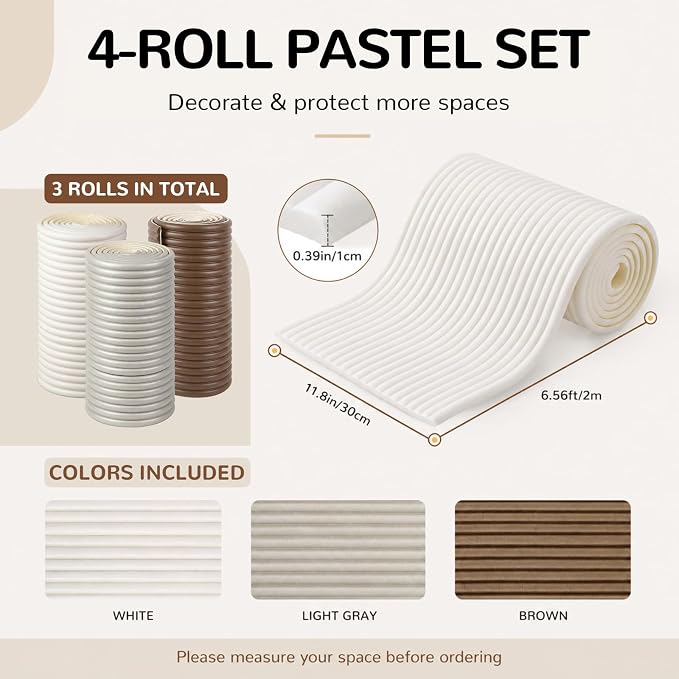 11.8 x 78.7 Inches Wall Padding for Kids, White, Light Gray,Brown, 3 Roll | Anti Collision Wall Padding Padded Wall Panels 3D DIY Headboard for Autism Playroom Nursery Bedroom Living Room Corner Guards - Image 2