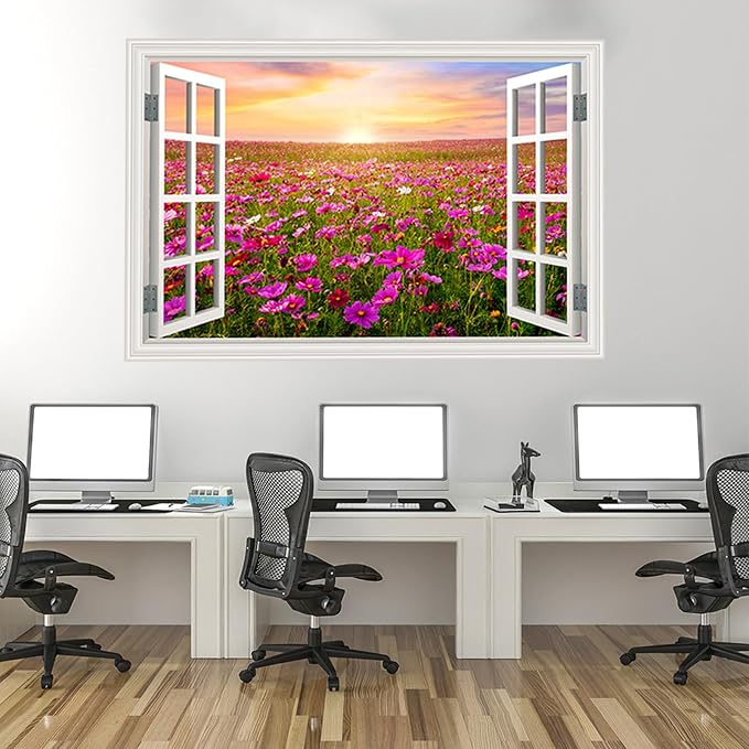 Fake Window Wall Sticker- Sunrise Pink Flower Garden Open Wall Art Decal | Faux Window Natural Scenery Landscape Mural｜ Stick and Peel Wall Decals｜for Room Bedroom Office Decor｜48"x32",Set of 2 Sheets - Image 8