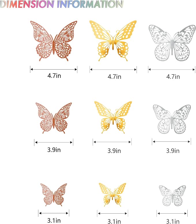SAOROPEB 3D Butterfly Wall Decor, 72 Pcs 3 Styles 3 Sizes, Removable Metallic Wall Decor Sticker Room Mural Decals for Kids Bedroom Nursery Classroom Party Decoration Wedding Decor DIY Gift (3 Color) | 3 Styles 3 Sizes, Removable Wall Decor Sticker Roo... - Image 5