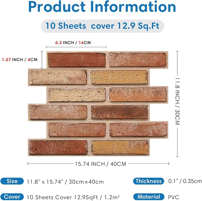 COMSTICKC 3D Faux Brick Wall Panels Peel and Stick Decorative Tiles | 10 Pcs 15.7" x 11.8", Yellow-toned Red, Not Real Brick, Ultra-Light Thin PVC 3D Fake Brick Sticker Wallpaper,Cover 12.9 sq ft - Image 5