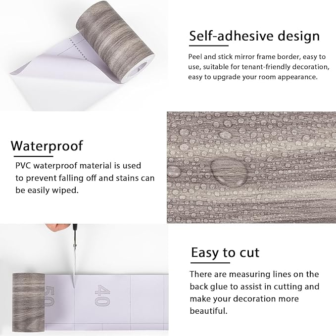 Alened 15M Grey Mirror Border Peel and Stick, Wood Grain Wallpaper Border - Image 7