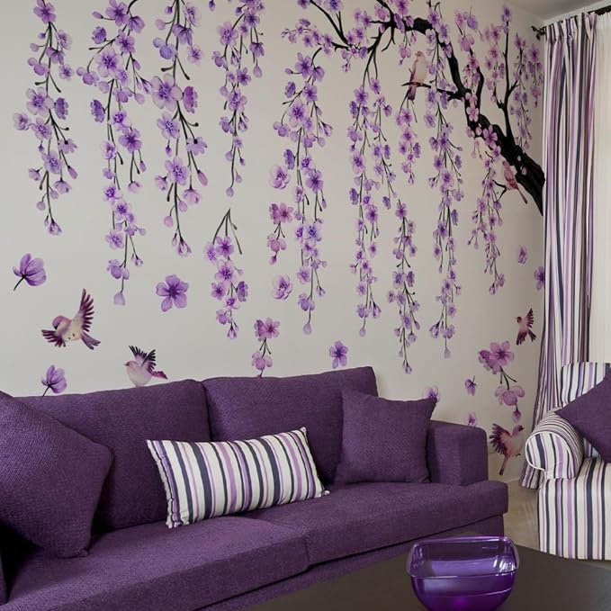 Lilac Purple Wall Decor 4 Sheets Large Cherry Blossom Tree Wall Stickers | Spring Purple Flower Bird Wall Decals Peel and Stick Wall Murals Decor for Living Room Bedroom (Purple, 11.8 * 35.4inch) - Image 5