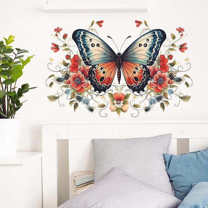 TUOKING Butterfly Red Flowers Wall Stickers Removable Wall Murals | Peel and Stick Wall Art Decal Home Decor for Kitchen,Bedroom,Living Room(fun-e34) by TUOKING