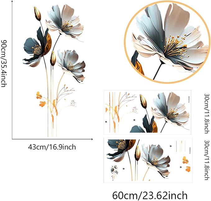 Gold Wall Decals 3D Flower Wall Sticker, Classical Plum Blossom Flower Decals Peel and Stick 3D Wall Art Murals for Girls Bedroom Nursery Living Room TV Home Decor - Image 2