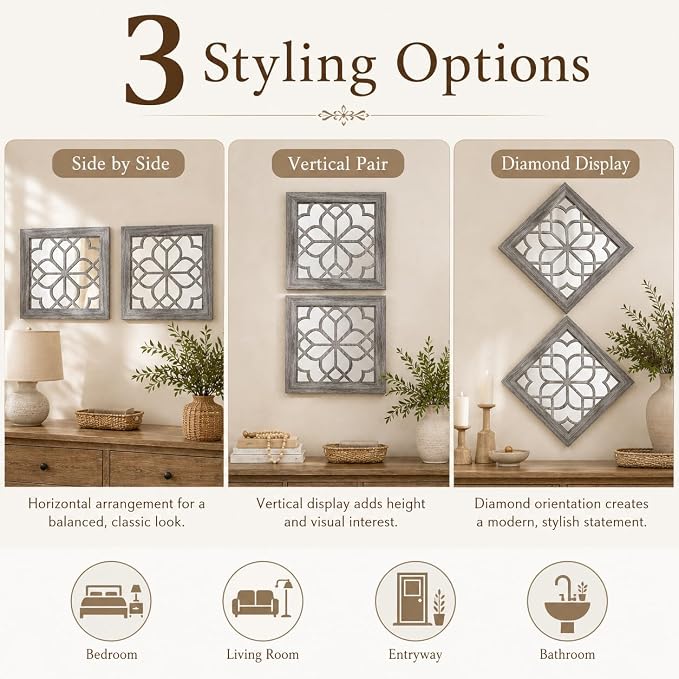 Boho Wall Mirror Decor, Set of 2 Rustic Farmhouse Accent Mirrors 12x12 Inch, Square Acrylic Shatterproof Vintage Style Mirror for Wall, Small Decorative Mirrors for Living Room, Bedroom, Brown - Image 8