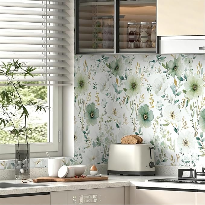 Nukofal Green Floral Peel and Stick Wallpaper for Bathroom 16.9inx118.1in | Floral Contact Paper Watercolor Flower Wallpaper Modern Green Self Adhesive Removable Wall Paper for Cabinet Decor Vinyl - Image 4