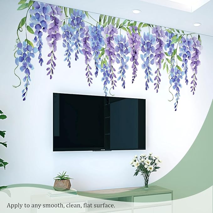 Purple Flowers Wall Decals Peel and Stick, Large Wisteria Floral Vinyl Wall Stickers, Removable Vine Home Decor Art for Bedroom Living Room Classroom Office - Image 5