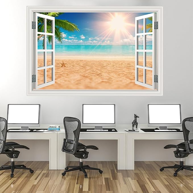 Fake Window Wall Decal- Summer Beach Ocean Palm Tree Open Wall Art Sticker | Faux Window Natural Scenery Landscape Mural ｜ Stick and Peel Wall Decals｜Room Bedroom Office Decor｜48"x32",Set of 2 Sheets - Image 9