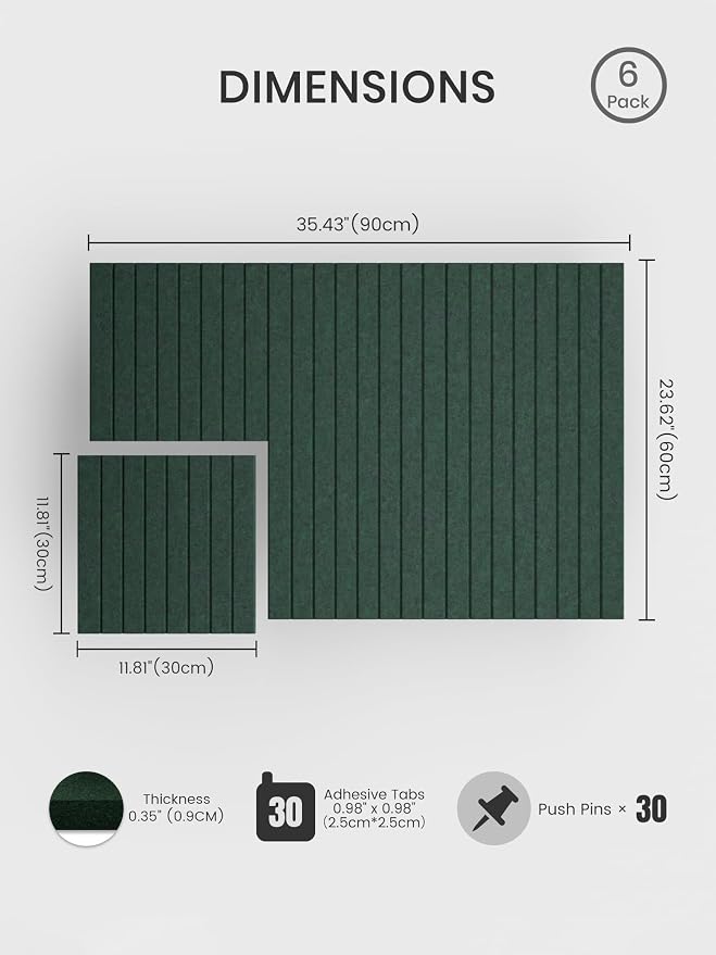 Bumusty 36"x 24" Large Felt Bulletin Board Tiles,Pine Green | 6-Pack Cork Board Alternative, Wall Decor, 30 Pushpins, 30 Adhesive Tabs, Vision Board, Office, Classroom, Home, Dorm - Image 2