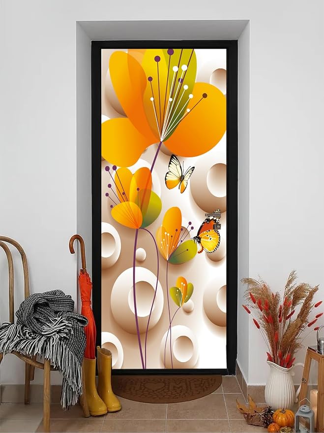 artfanke 3D Peel and Stick Door Sticker 33.5"x84.6"- Self-Adhesive Door Wallpaper Murals Decal-Flower Colorful Butterfly Wall Poster for Home Decor (2 Sheets/Set) - Image 4