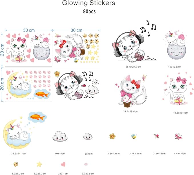 Glow in The Dark Stars for Room,Cats Glowing Wall/Ceiling Decals, Kitten Butterflies Stickers for Kids Bedroom, Clouds Bees Luminous Wall Decor for Boy and Girl Living Room - Image 7