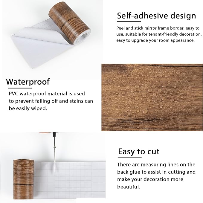 Alened 10M Brown Mirror Border Peel and Stick, Wood Grain Wallpaper Border - Image 7