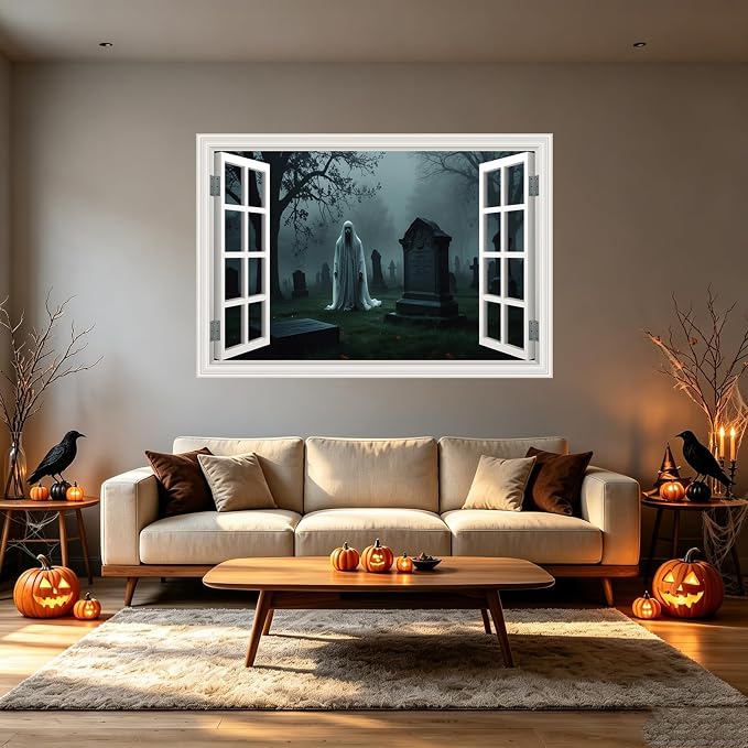 Halloween Fake Window Wall Decals Scary Cemetery Terror Art Poster Sticker | ｜Faux Window Terror Spooky Ghosts Mural ｜ Stick and Peel Wall Decal｜for Halloween Home Scene Decor｜24"x16" - Image 4