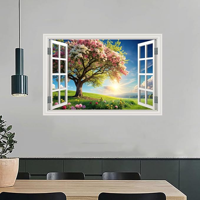 Fake Window Wall Mural Spring Green Flowers Tree Art Poster Faux Window Wall Sticker for Office Home Room Decor, Peel and Stick Wall Decals 24" x 16" - Image 7