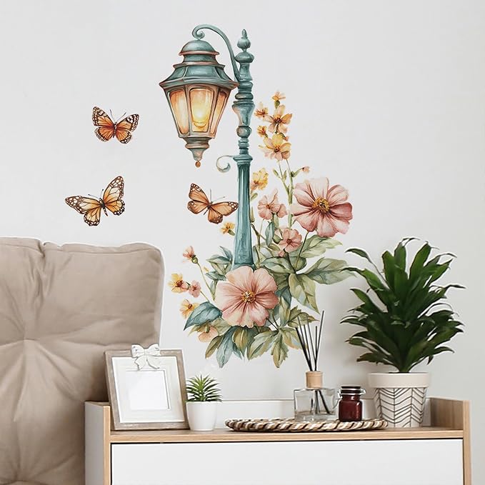 Street Lamp Flower Butterfly Wall Stickers, Streetlight Floral Art Wall Decals Removable Vinyl Peel and Stick Wallpaper for Bedroom Living Room Sofa TV Background Home Decor - Image 4