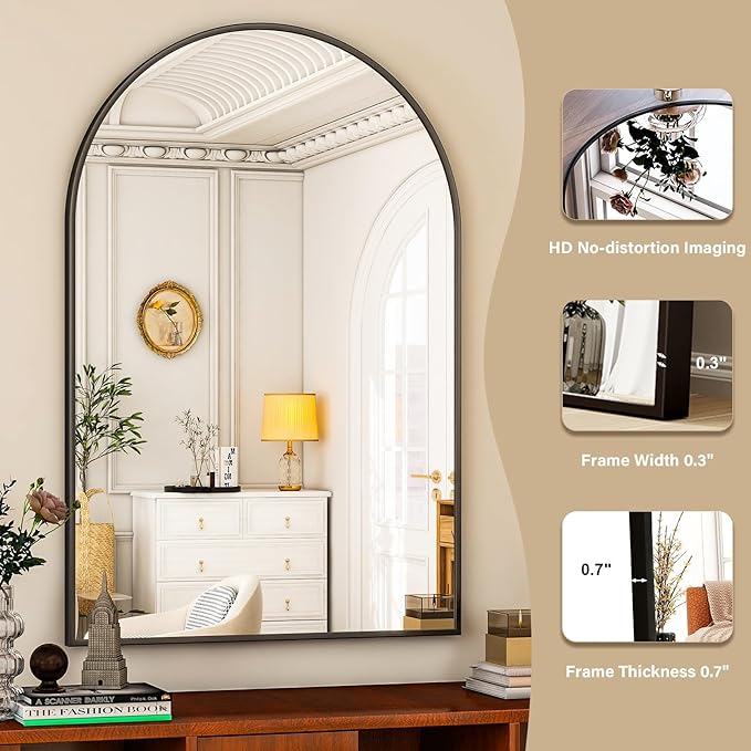 HARRITPURE 16"x24" Arched Bathroom Mirror - Black Wall Mounted Mirror - Black Arch Mirror - Aluminum Alloy Frame Bathroom Mirror Living Room, Bedroom, Bathroom and Entryway - Image 3