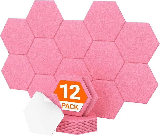 12 Pack High Density Hexagon Acoustic Panels, TONOR 12"x 10"x 0.4" Soundproof Wall Panels, Sound Absorbing Panels for Interior Wall Décor, Peel and Stick Modern for Studio, Office, Home, Pink by TONOR