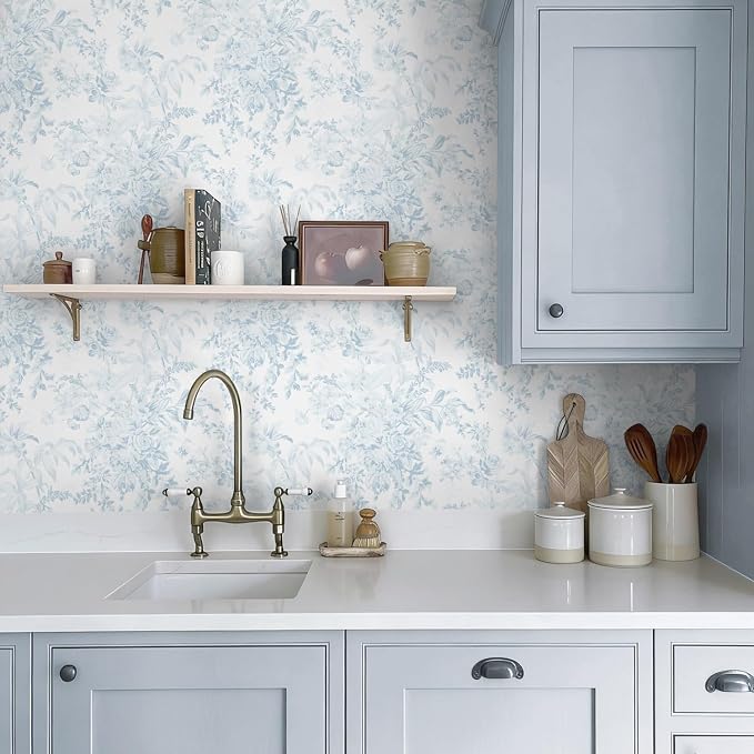 Heroad Vintage Peel and Stick Wallpaper Blue Floral Contact Paper Toile Leaf Removable Wall Paper Self Adhesive Stick On Wallpaper for Girls Nursery Bathroom Renter Friendly Vinyl Roll 17.3''X78.7'' - Image 7