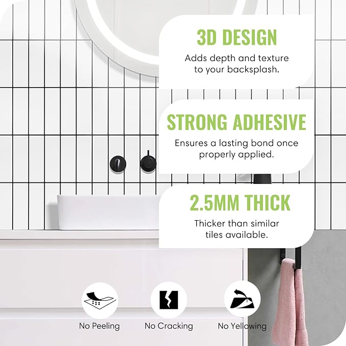 Select 5 Pack Peel and Stick Backsplash Square Tiles, 12x12 in, White Black | Extra Thick 3D Wall Panels, Heat & Water Resistant, Easy DIY Kitchen, Bathroom, Laundry, Fireplace & Rental Home Wall Décor - Image 2