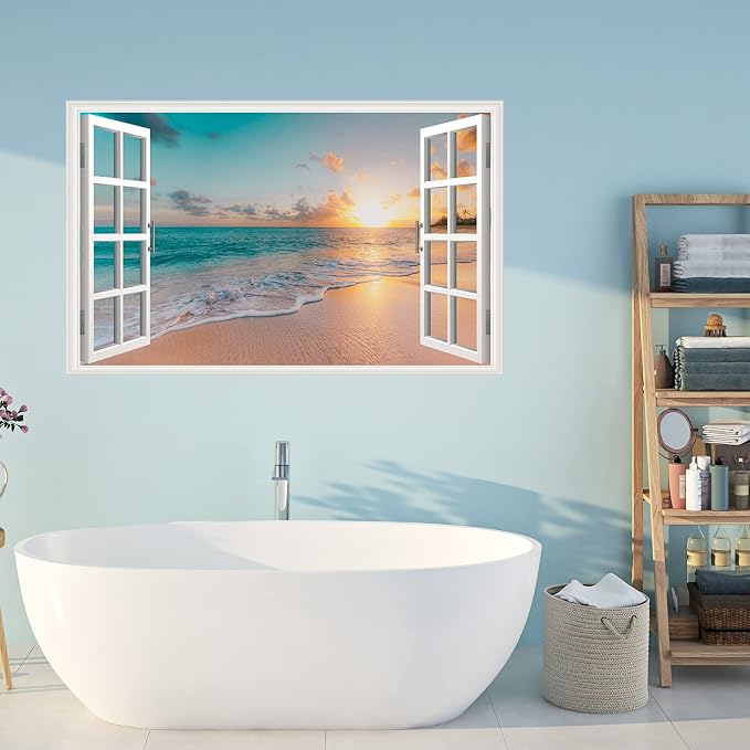 Sea Beach Wall Sticker Sunset Seascape Fake Window Wall Stickers Tropical Sandy Beach Faux Window Wall Decal Removable Ocean Landscape Window View Wall Mural for Living Room - Image 5