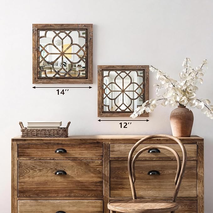 Set of 4 14 Inch Square Redbrown Window Pane Wall Mirrors, Shatterproof Rustic Farmhouse Boho Vintage Decorative Mirrors for Living Room Bedroom Bathroom Entryway - Image 5