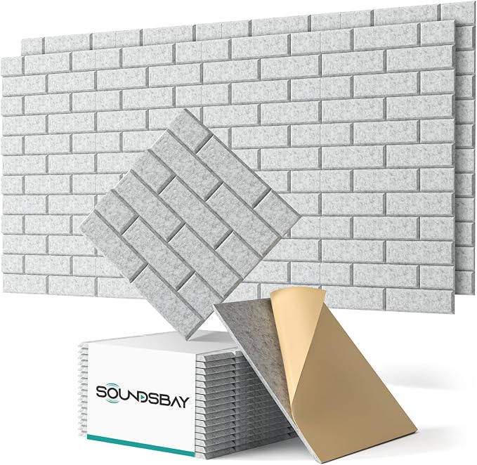 Soundsbay 18-Pack Brick Acoustic Panels, Self-Adhesive, 12"X12" | Covers 17.4 sq ft, 150kg/m³ High-Density Polyester, Soundproof Wall Panels for Recording Studio, Home Theater, Office Gray by Soundsbay
