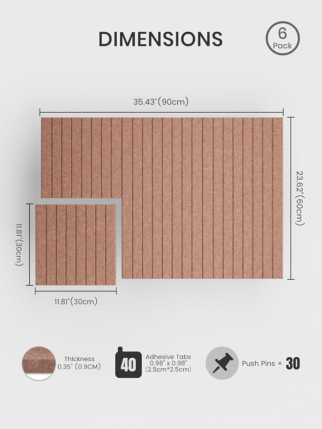 Bumusty 36"x 24" Large Felt Bulletin Board Tiles,Terracotta | 6-Pack Cork Board Alternative, Wall Decor, 30 Pushpins, 30 Adhesive Tabs, Vision Board, Office, Classroom, Home, Dorm - Image 2